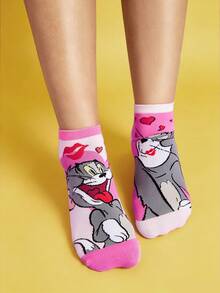 TOM & JERRY X SHEIN 2 双粉色浪漫爱心短袜，白天 - 彩色 - 查看 3
