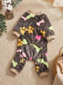 PETSIN 1pc Pet Cat/Dog Brown Fleece Warm Paw & Bone Print Flannel One-Piece Jumpsuit - Multicolor - View 2