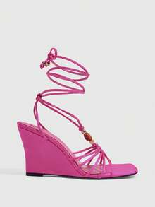 CUCCOO SZL Ladies Fashion Elegant Party, Thick Heel Wedge, Square Toe Kink, Lace-Up Beaded Sandals - Hot Pink - View 6