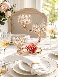 1 PC Gold/Silver Crystal Candle Holder - 3 Arm Elegant Centerpiece With Metal Base | Shining Tea Light Votive For Wedding, Anniversary, Table Decor - multicolor - View 10