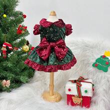 PETSIN Christmas Velvet Pet Dog Dress Gold Star Print Big Bow Ruffle Skirt Xmas Holiday Outfit For Small Puppy Cat - Green - View 5