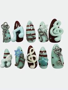 ROMWE Kawaii 10Pcs Green Brown Millennial Spice Sweet Note Wings Vintage Polka Dots Handmade Fake Nail Patch, Mass Production Vitality Girl - Green brown almonds - View 1