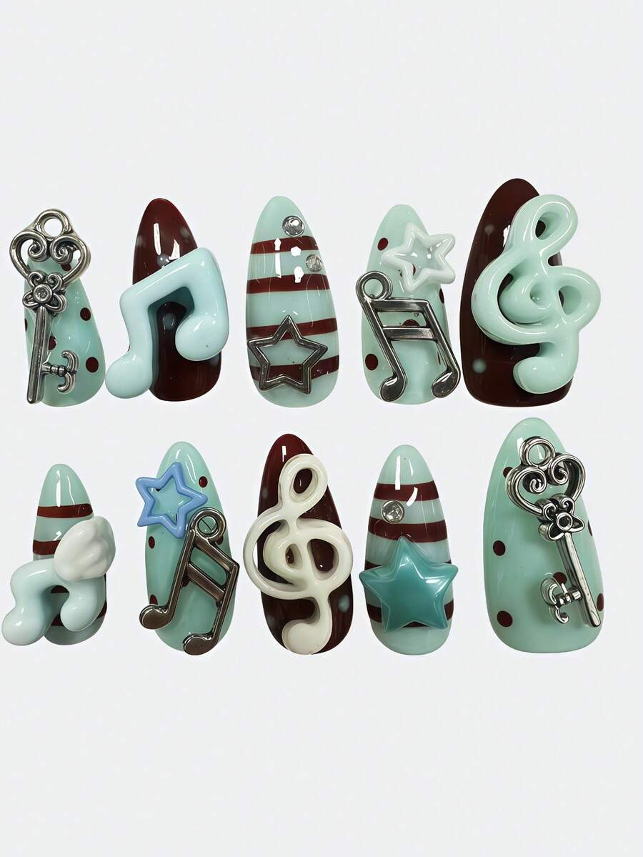 ROMWE Kawaii 10Pcs Green Brown Millennial Spice Sweet Note Wings Vintage Polka Dots Handmade Fake Nail Patch, Mass Production Vitality Girl - Green brown almonds - View 1