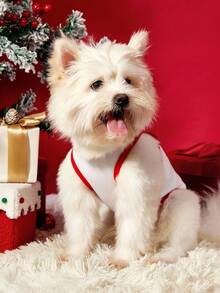 PETSIN 1pc Christmas Pet Vest, Eye-Catching Red And Green Checkered Christmas Tree Print, Breathable And Skin Friendly Printed Pet Vest With Red Border Contrasting Design - Multicolor - View 6