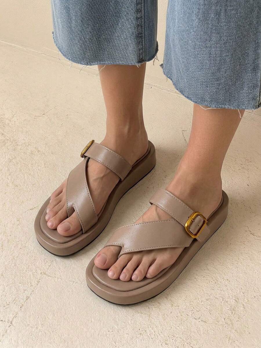 HighSole 女款春夏簡約交叉帶平底輕量厚底休閒涼鞋,適合旅行度假與日常穿著 - 裸粉色 - 查看 1