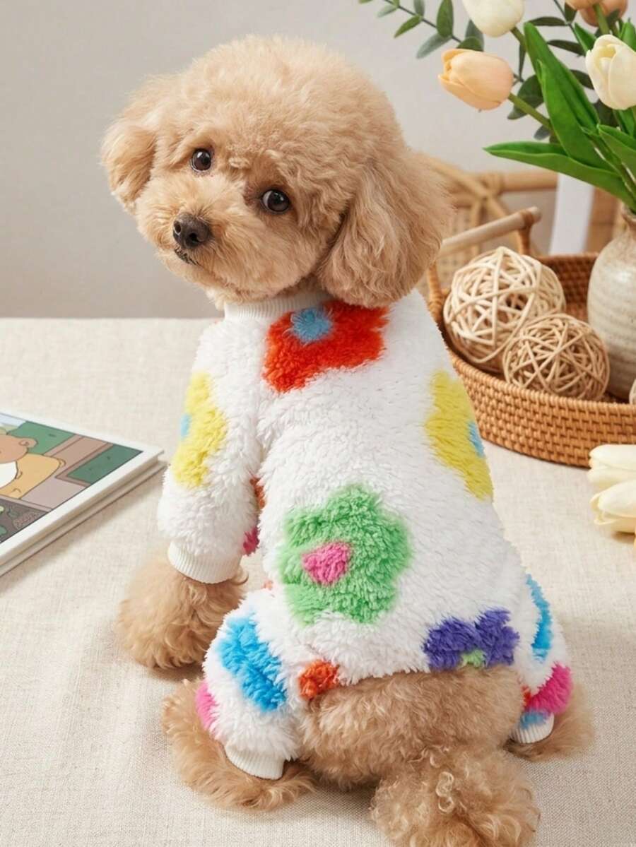 PETSIN 1 buah Jumpsuit Modis Motif Bunga Bulu Imitasi Putih untuk Hewan Peliharaan Kucing & Anjing - MultiWarna - View 1