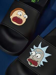 Rick and Morty X SHEIN 时尚卡通图案男士一脚蹬拖鞋防滑速干淋浴拖鞋，轻便耐用的 EVA 材质，男女通用，适用于居家、浴室、游乐场、游泳池、海滩室内外 - 黑色 - 查看 3