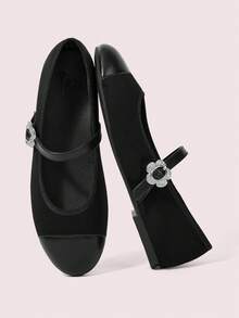 CUCCOO DOLLMOD Ladies' Elegant Black Mary Jane Flats, Rhinestone Decorative Buckle Round Toe Casual Galoshes, Suitable For Daily Parties Fall Shoes - Black - View 1