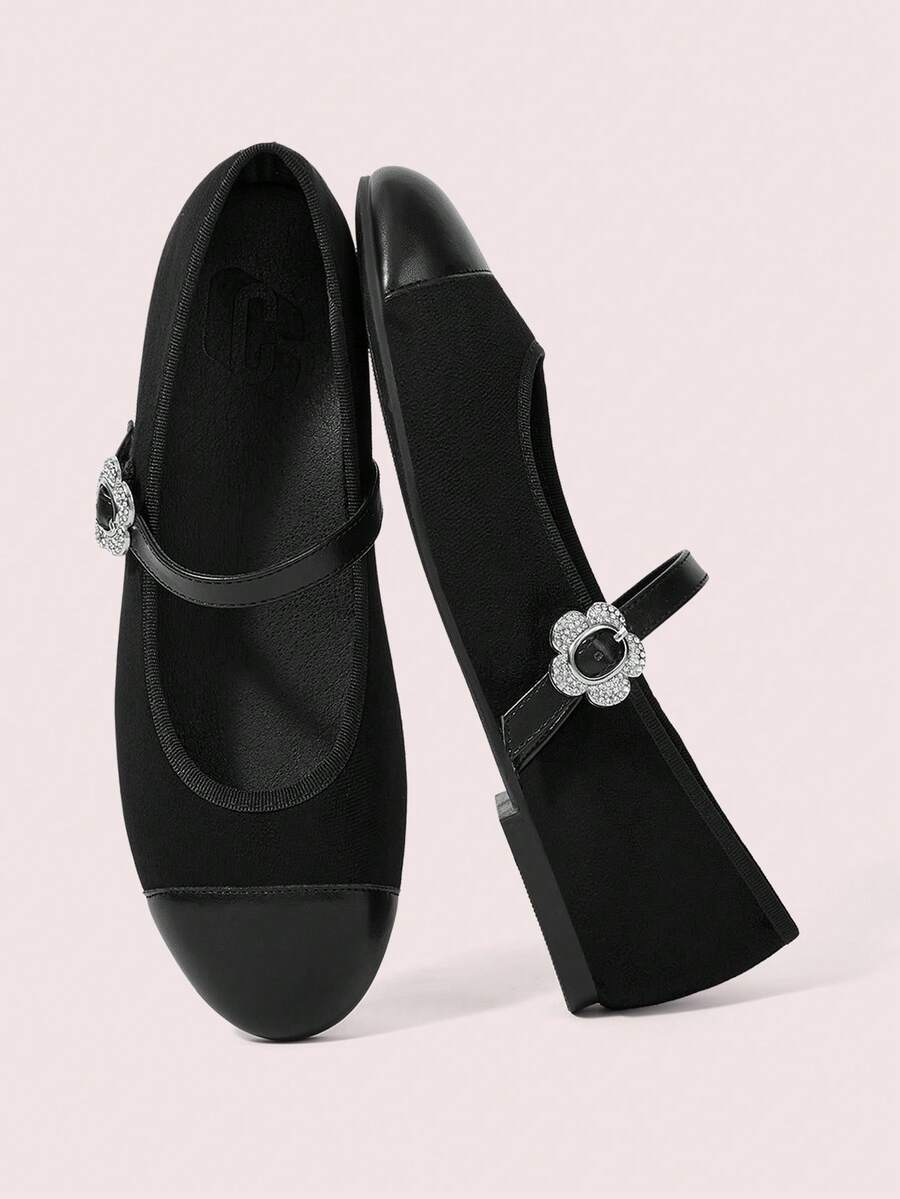 CUCCOO DOLLMOD Ladies' Elegant Black Mary Jane Flats, Rhinestone Decorative Buckle Round Toe Casual Galoshes, Suitable For Daily Parties Fall Shoes - Black - View 1