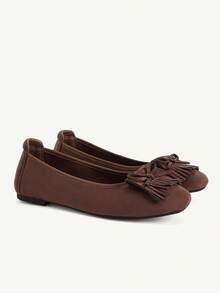 CUCCOO CHICEST Women's Coffee Brown Soft Suede-Like Flat Shoes With Tassel Bow, Square Toe, Soft Sole, Gentle Sweet Style, Suitable For All Seasons, Commuting And Dating - Coffee Brown - View 2