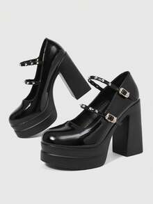 ROMWE Grunge Punk Women's Sexy Glossy Closed-Toe High-Heeled Shoes With Double-Layer Platform Soles; Gothic-Punk Style Featuring Metal Rivets And Double Buckle Straps. - Black - View 4