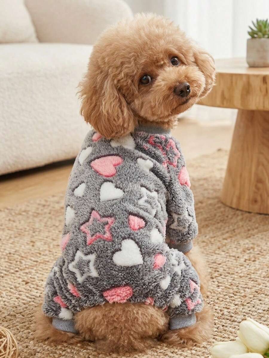 PETSIN 1pc Pet Cat Dog Fleece Warm Heart & Star Print Flannel Jumpsuit - Multicolor - View 1