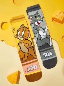 TOM & JERRY X SHEIN 2 双可爱卡通印花透气柔软中筒袜，加固脚跟和脚趾，经久耐用，男女通用，适合所有季节 - 彩色 - 查看 2