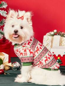 PETSIN 1 Pet Christmas Cat Dog Universal Red And Green Elk Snowflake Geometric Fer Island Pattern Print Plush Warm And Comfortable Dog Christmas - Multicolor - View 6