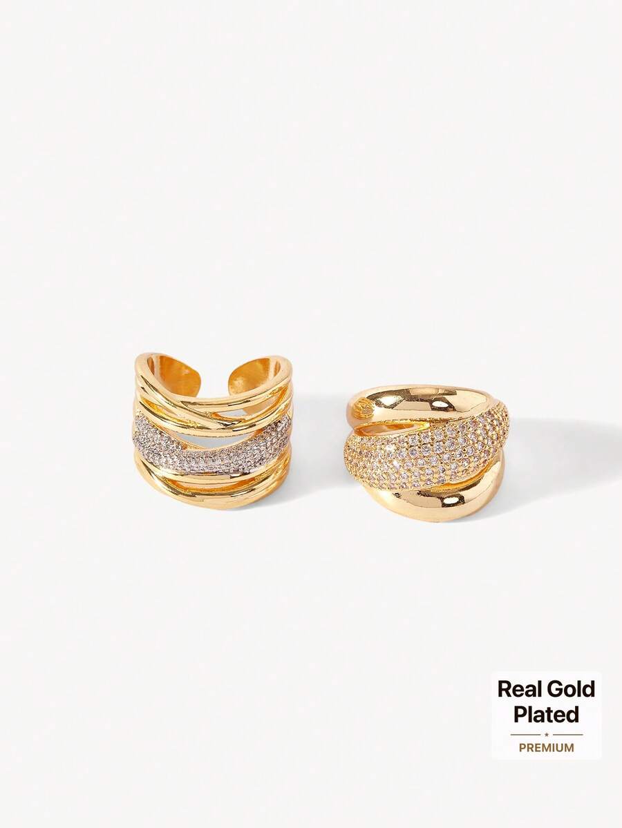 Opalesca 18k Color Matching Double-Layer Covered With Rhinestone Wide-Edge Rings, Thick Styles Can Be Stacked With Exaggerated Finger Rings - color matching - View 1