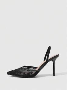 CUCCOO SZL Ladies Pointed Round Mouth Lace Surface. Cone Lacquered Heel. Elastic Rear Strap Empty Single Shoe. Four Seasons Festival Commuter Women's Shoes - Black - View 4