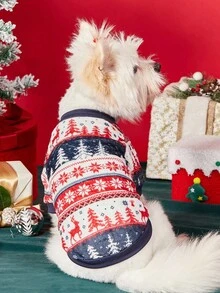 PETSIN 1 Pet Christmas Cat Dog Universal Red Navy Blue Christmas Tree Snowflake Fair Isle Pattern Print Plush Warm And Comfortable Dog Christmas - Multicolor - View 6