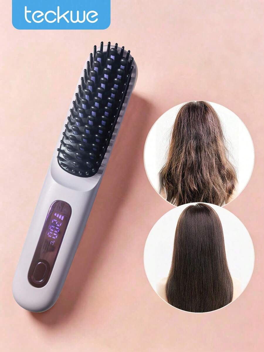 Teckwe Wireless Straightening Comb With LCD Display, Temperature Adjustment, Portable Small Sliding Comb, Female Negative Ion Hair Straightener Brush, Barbecue, Ceramic Coating, Equipped With A Tandem Dual-Cell Battery,2000mAh + 2000mAh - Multicolor - View 1