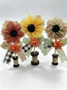 Set Of 3 Primitive Burlap Sunflower Decorations, Vintage Wooden Thread Spool Sunflower Table Centerpiece, Country Farm Style Autumn Thanksgiving Dining Table Desktop Decor - Sunflower - View 8
