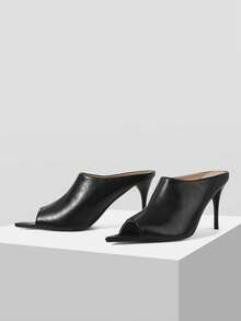 Mnmlis Black Lychee Pattern High Heel Mules Female, Pointed Toe Thin Heel, Commuter Dating Elegant Sandals - Matte Black - View 2