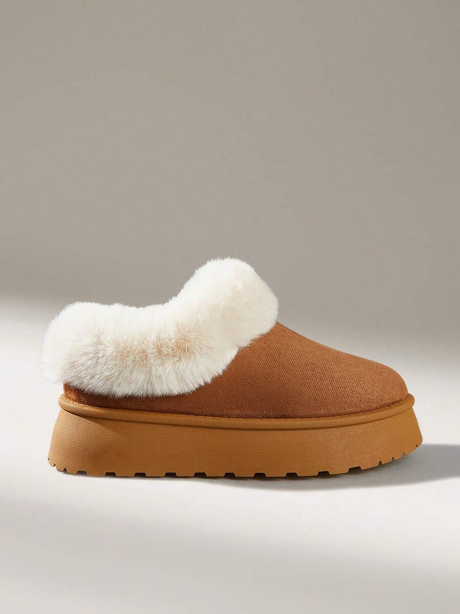 Solecia 冬季女款時尚舒適加厚保暖雪地靴,新款毛絨翻邊堆疊保暖一腳蹬鬆弛踝靴,戶外穿著 - 鏽棕色 - 查看 1