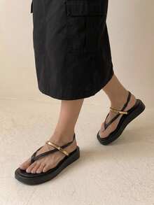 HighSole Ladies Comfortable Casual Platform Strap Square Toe Summer Daily Commuter Minimalist Coffee Thong Ladies Platform Sandals - Black - View 4