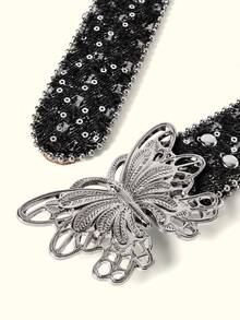 Popjeli Liquid Metal Butterfly Buckle Sequin Belt - Black - View 3