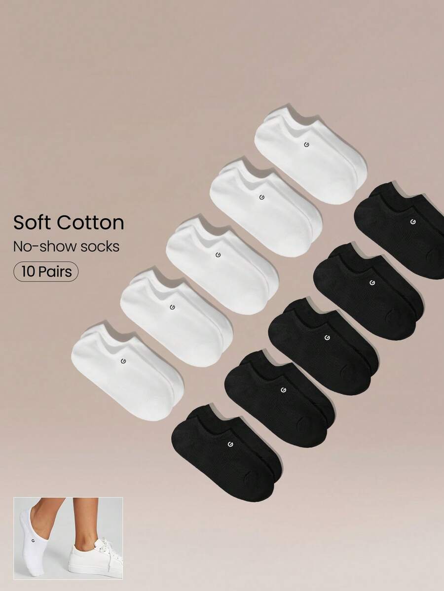 GLOWMODE 10 Pack Cotton-Blend No-Show Socks With Non-Slip Grips, Seamless Toes & Left/Right Design Gym Fitness Training Workout Studio Daily Active Casual Wear - White + black - View 1