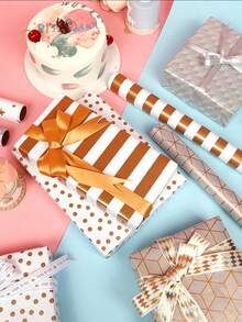 Large Size Roll Paper Gold Foil Metallic Gift Wrapping Paper Dot Stripe For Valentine's Day Birthday Gift Packaging - Gold - View 6