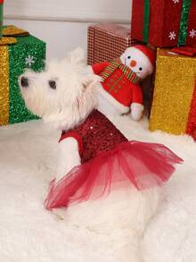 PETSIN Christmas Red Mesh Contrast Sequin Pet Dress - Burgundy - View 10