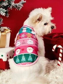PETSIN 1pc Pink Edge Splicing Pink Green Stripe Tank Top, Santa Claus/Christmas Tree/Snowman Elements Gather For Christmas Pet Skin Friendly Breathable Tank Top - Multicolor - View 5