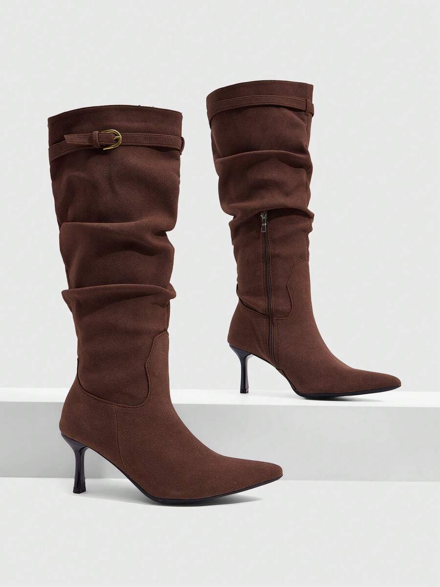 CUCCOO SZL Vintage Brown Suede Belt Buckle Knight Boots Stiletto Pointed Loose Tube Thin Maillard Atmosphere Stacking Boots Fall Boots - Coffee Brown - View 1