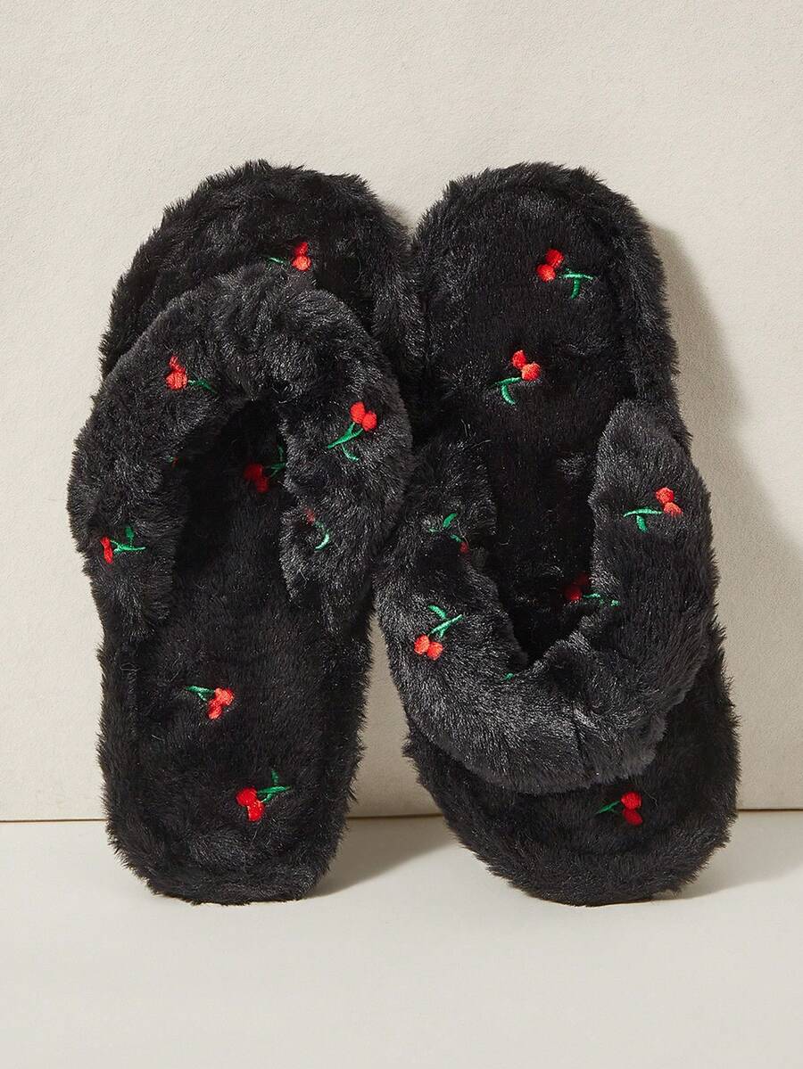 Cuccoo 女士居家拖鞋,夾腳式,毛絨,櫻桃刺繡,黑色,舒適 - -A5799黑色 - 查看 1