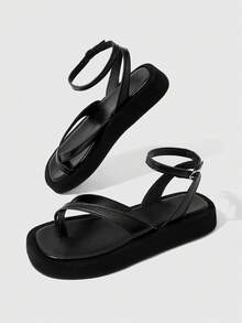 HighSole 女士黑色舒適厚底涼鞋 簡約交叉綁帶設計 圓頭低跟 時尚休閒風 麂皮包邊 戶外休閒旅行度假用 - 黑色 - 查看 9