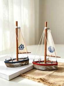 Cirelle 1pc Vintage Wooden Sailboat Decor, Rustic Nautical Boat Tabletop Ornament With Canvas Sail & Shell Pattern, Coastal Beach Theme Dining Table Decoration - multicolor - View 6