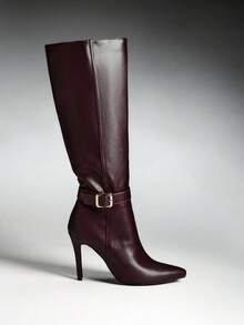 SHUZIA Elegant Women's Chocolate Faux Leather Pu Knee High Gold-Tone Hardware Pointed Toe High Heel Boot Fall Winter Holiday Shoe - Chocolate Brown - View 7