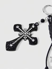 ROMWE 1 Piece Sweet Cool Diamond-Encrusted Cross Keychain Bag Pendant, Sweet Cool Spice Girl Goth Y2K Pink Love Pendant Retro Woven Rope Bag Pendant - black powder - View 3