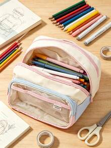 1 Large Capacity Pencil Case, Multifunctional Color Blocking Design, Suitable For Aesthetic Desktop Accessories Used By Students During The Back To School Season - multicolor - View 5