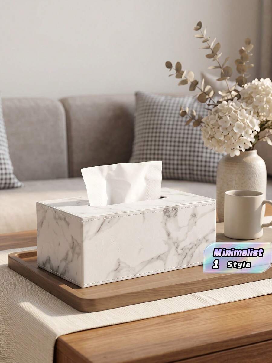 White Marble Texture Paper Towel Box, Pu Leather With White Stitching Tissue Box Holder, Bathroom Organizer, Bathroom Decor, Fall Decor, Back To School - White Marble - View 1