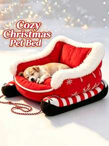 PETSIN 1PC Christmas Sleigh‑Shaped Pet Bed, Removable Washable Pet Sofa Nest, All‑Season Sleeping Cushion Bed For Small Dogs & Cats - Multicolor - View 6