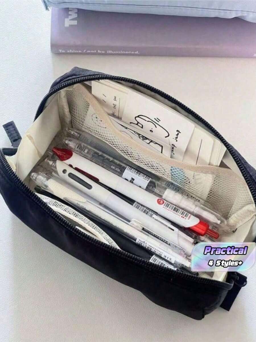 1pc High Cost-Performance Solid Color Pencil Case, Niche Black Anti-Fouling Pencil Box, Large Capacity Student Stationery Storage Bag, Back To School Stationery Storage Bag, School Supplies. - Multicolor - View 1