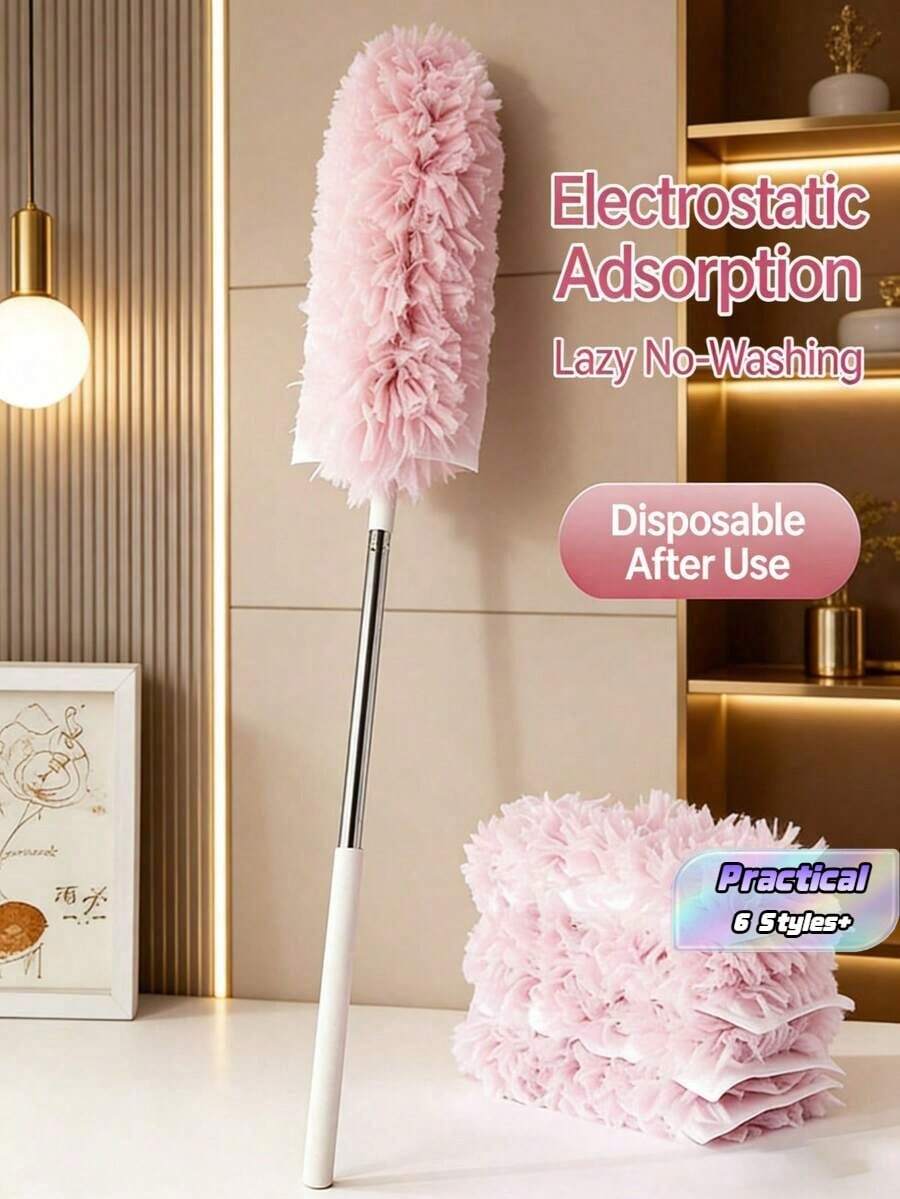 1pc Multifunctional 360 Double-Sided Static Dusting Feather Duster, Retractable Cleaning Tool - Pink - View 1