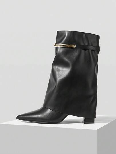 MOTF Pantalones plisados negros vintage versátiles para ir al trabajo con hebilla de metal, botas tubo de punta fina y tacón grueso hasta la rodilla