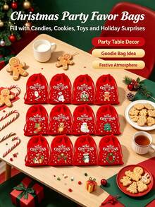 12/6pcs Christmas Drawstring Bags, Reusable Small Packaging Bags, Suitable For Gifts, Santa Claus Gift Bags, Can Be Used For Packaging Candy And Other Small Gifts, Suitable For Christmas Holiday Party Supplies, Jewelry Packaging Bags(Random Styles) - red - View 3