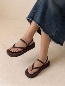 HighSole Women's Shoes Are Simple And Comfortable To Wear, Open-Toe Design, Low-Heeled Casual Style, Suede Leather, Brown Platform Sandals, Suitable For Travel And Vacation, Daily Wear Summer - Chocolate Brown - View 5