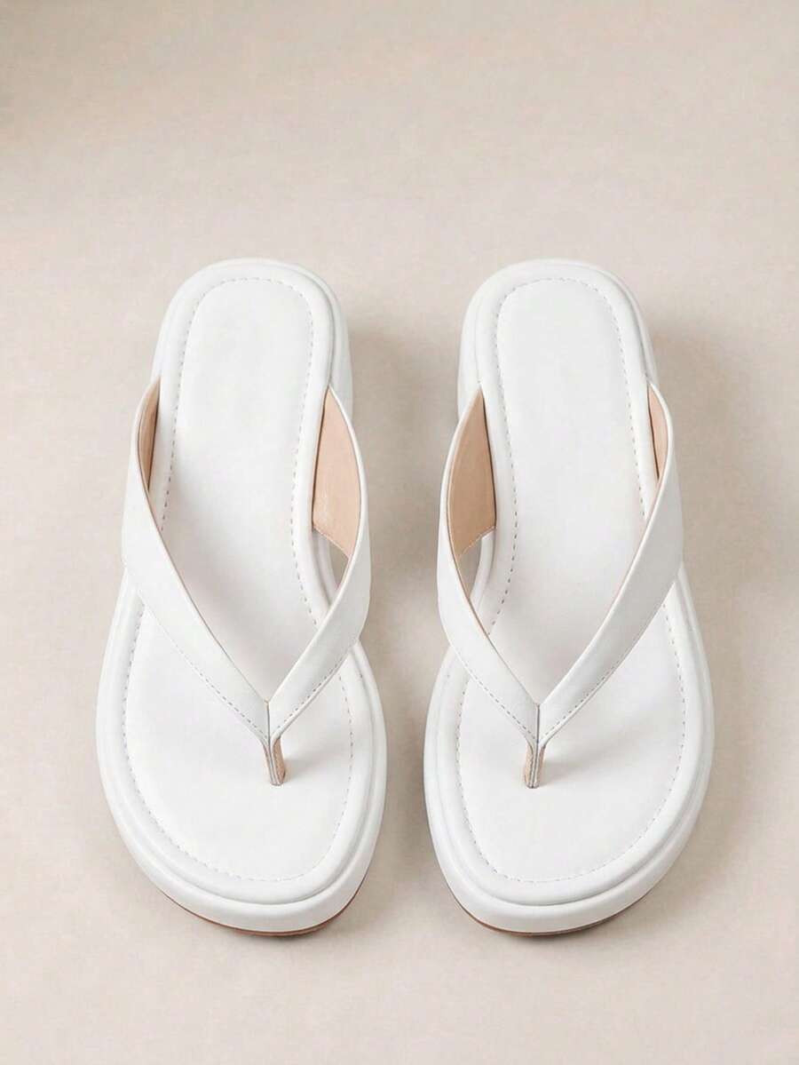 HighSole 春夏新款白色厚底坡跟夾腳拖鞋女鞋,防滑增高休閒舒適涼鞋,百搭款戶外海灘度假首選,居家必備夾腳拖 - 白色 - 查看 1