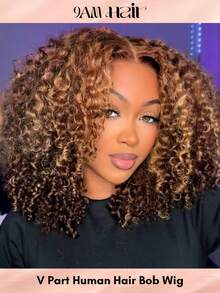 Water Wave Glueless Bob Wig V Part Human Hair Wigs For Women Highlight#4/30 CHIC BOB All Ready Wig None Lace Front Wigs Put On And Go Curly Bob Glueless Wigs For Daily Use - S4/30 - View 1
