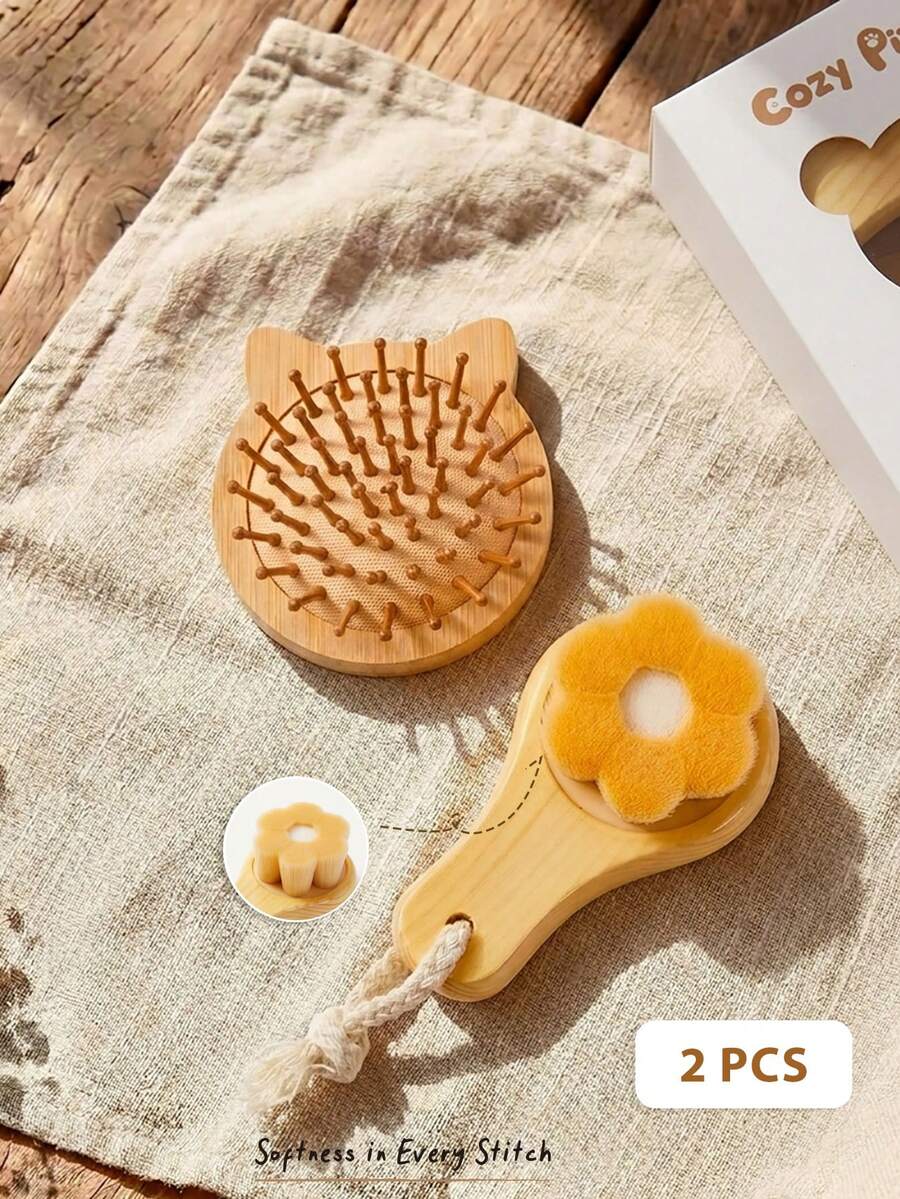 Cozy Pixies 2件組嬰兒護理工具,羊毛梅花木梳貓咪造型可愛梳子,禮盒組,新生兒梳刷 - 彩色 - 查看 1