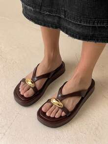 HighSole Ladies Slippers Cross Strap Design Metal Decorative Element Slippers - Burgundy - View 3