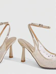 CUCCOO SZL Ladies Pointed Toe Square Vamp Thin High Heel Paint High Heel Flat Net Hot Rhinestone Ankle Strap Slingback Shoes, Romantic And Sexy. Four Seasons - Gold - View 5
